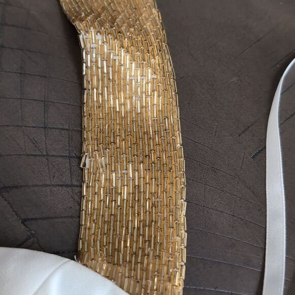 Cache 90s Ivory Mini Halter Cocktail Dress Plunge Gold Beaded Neckline Sz 6 - Picture 5 of 16